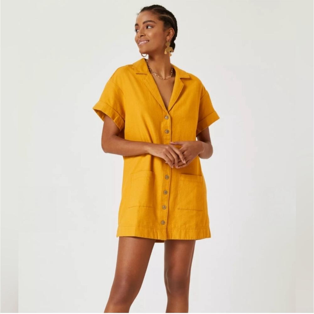 Anthropologie Pilcro Cotton Linen Blend Mustard Button Down Mini Dress Medium